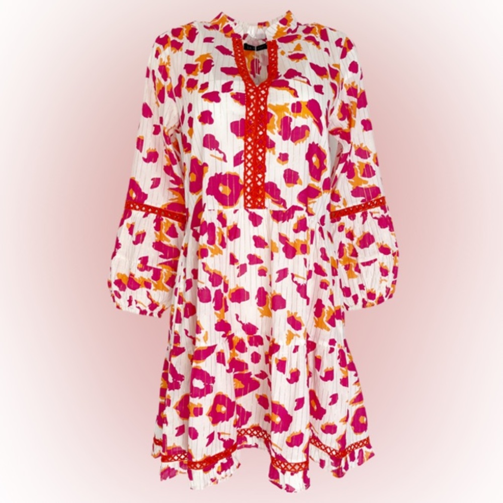 Printed White Midi Dress with Pink & Orange Floral Accents